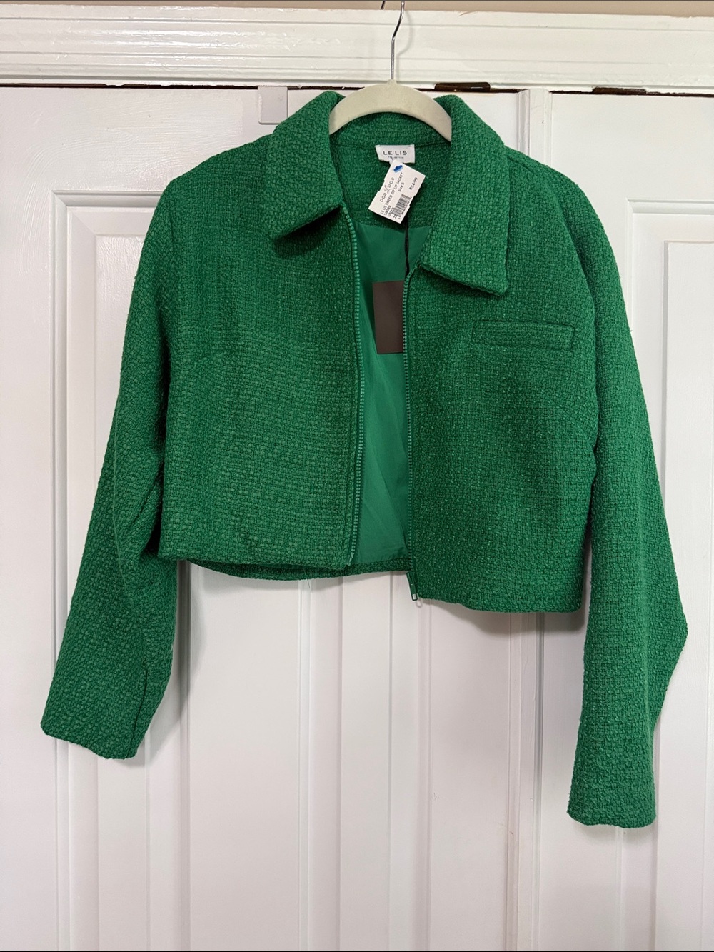 Le Lis Emerald Green Cropped Bouclé Blazer